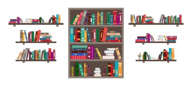 Kitap rafta. Kütüphanede kitaplarla dolu bir kitaplık. Okulda edebiyatla dolu bir kitaplık. Kitaplığı olan bir kitapçı ya da ofis. Üniversite kütüphanesi. Okuma akademisi kabinesi. Vektör.