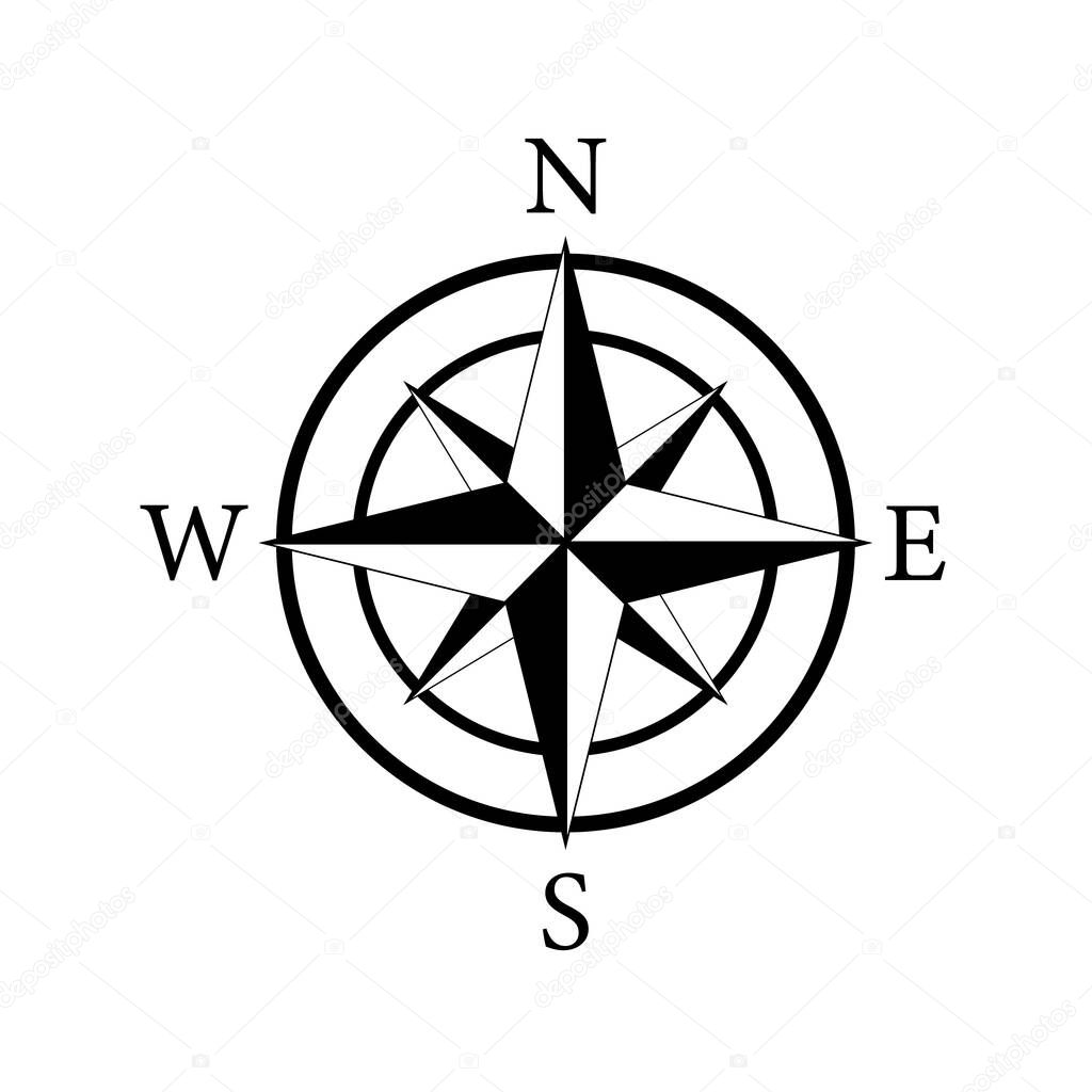 Compass icon. Nautical compass for travel with sign of north, south, west, east. Logo for map and navigation. Symbol of direction adventure. Arrow, dial for orientation of latitude, longitude. Vector.