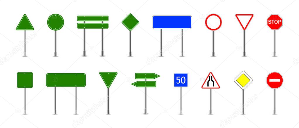 Road sign. Street board for traffic. Road sign of highway, stop, warning, speed. Blank, green and warning signs on metal column isolated on white background. Icons for city direction, travel. Vector.