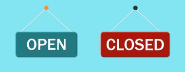 Yakın ve açık bir işaret. Ofise, dükkana, kafeye ve restorana ilan verin. Perakende satış için iple imza atın. Market penceresi, alışveriş merkezi etiketi. Girişteki bilgilerle dikdörtgen yap. Vektör.