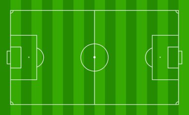 Futbol sahası. Futbol sahası. Yeşil çimenli stadyum. Yeşil desenli, çizgili, beyaz çizgili, köşeli, penaltılı, ortada. Eğitim ve şampiyonluk için futbol sahası planı. Futbol maçı. Vektör