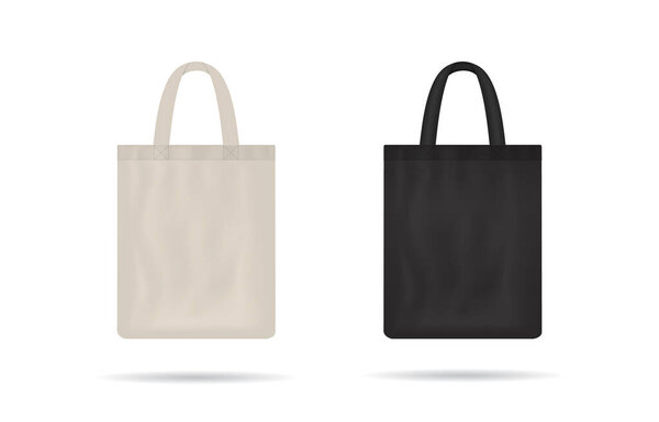 Canvas bag. mockup of fabric tote. Cloth totebag with handle. template of black and white cotton eco bag. Reusable tote for shopping. Blank mock for shopper. Ecobag for grocery. Vector.