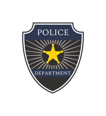 Polis rozeti. Polis departmanının kalkanı. Polis memurunun rozeti. Şerifin amblemi. Güvenlik, hukuk, koruma, dedektif, devriye ve polis sembolü. Üniforma için etiket ve logo. Vektör.