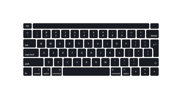 Клавиатура компьютера, ноутбука. Современные клавиши для ПК. Черная клавиатура изолирована на белом фоне. Иконы управления, ввода, QQUTY, QHABET, чисел, смены, побега. Реалистичный макет. Вектор.