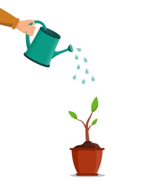 Su bidonu elimde. Ağaç ve bitki dökülmesi için su. Büyüme baharda bahçede tohumdur. Saksı ve çiçek. El ele tutuşmak filizlenmek için sulandırır. Flora, alet ve serpinti. Vektör.