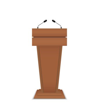 Münazara kürsüsü. Konferans kürsüsü. Konuşma için tahta kürsü. Hoparlör için mikrofonlu Tribün. Sahne ve ayağa kalk. Ders için yayalar, beyaz arka plana basın. Gazetecilik kavramı. Vektör.