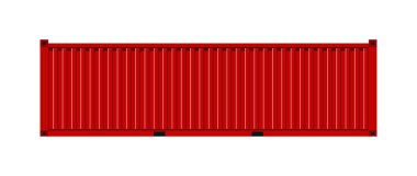 Kargo konteynırı. Gemiden kargo kutusuna. Malların nakliyesi için konteyner. Limandaki kırmızı metal nakliye aracı beyaz arka planda izole edilmiş. Depo, ihracat ve ithalat için kapısı olan bir karavan. Vektör.