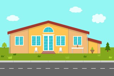 Sokaktaki ev. Çatısı ve girişi olan bir İskandinav evi. Ağaç, çimen, çiçek, bahçe ve bulutlu bir bina. Daire yolda. Evin dış tasarımı için. Kır evi, villa ve mülk için ipotek. Vektör.