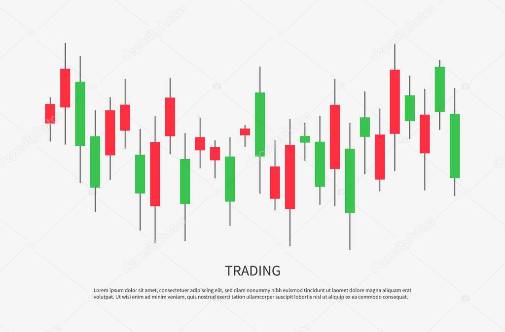 Trade of stock. Chart of forex with candles. Graph for financial market. Stock trade data on graph with japanese sticks. Exchange, buy, sell on stockmarket. Online analysis for investment. Vector.