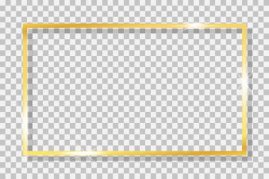 Altın çerçeve. Altın kenarlı bir meydan. Noel için çerçeve, lüks pankart, doğum günü ve düğün. Bordalayıcı ile dikdörtgen, parlak ve parlak. Büyü ve kutlama için modern arka plan. Vektör.