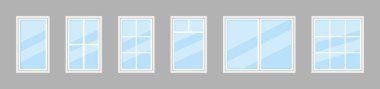 Cam pencere. Ev ve ofis için çerçeveli plastik pencere simgesi. Balkon için çift pencere. Mimari ya da dış mekan için asılmış cam. İnşaat için pencere camlı ahşap çerçeve. Vektör.