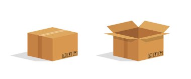 Karton kutu. Açık ve kapalı paket. Isometric karton kutu. Mallar için kahverengi paket. Teslimat ve nakliyat için kağıt küp. Kartondaki hediye maketi. Alışveriş ve malzemeler için 3D simge. Vektör.