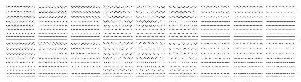 Zigzag wave. Wavy line. Undulate zigzag. Curve and squiggle line. Wiggly pattern for divider, sine and border. Serrated pattern with different amplitude. Parallel graphic zig zag. Vector.