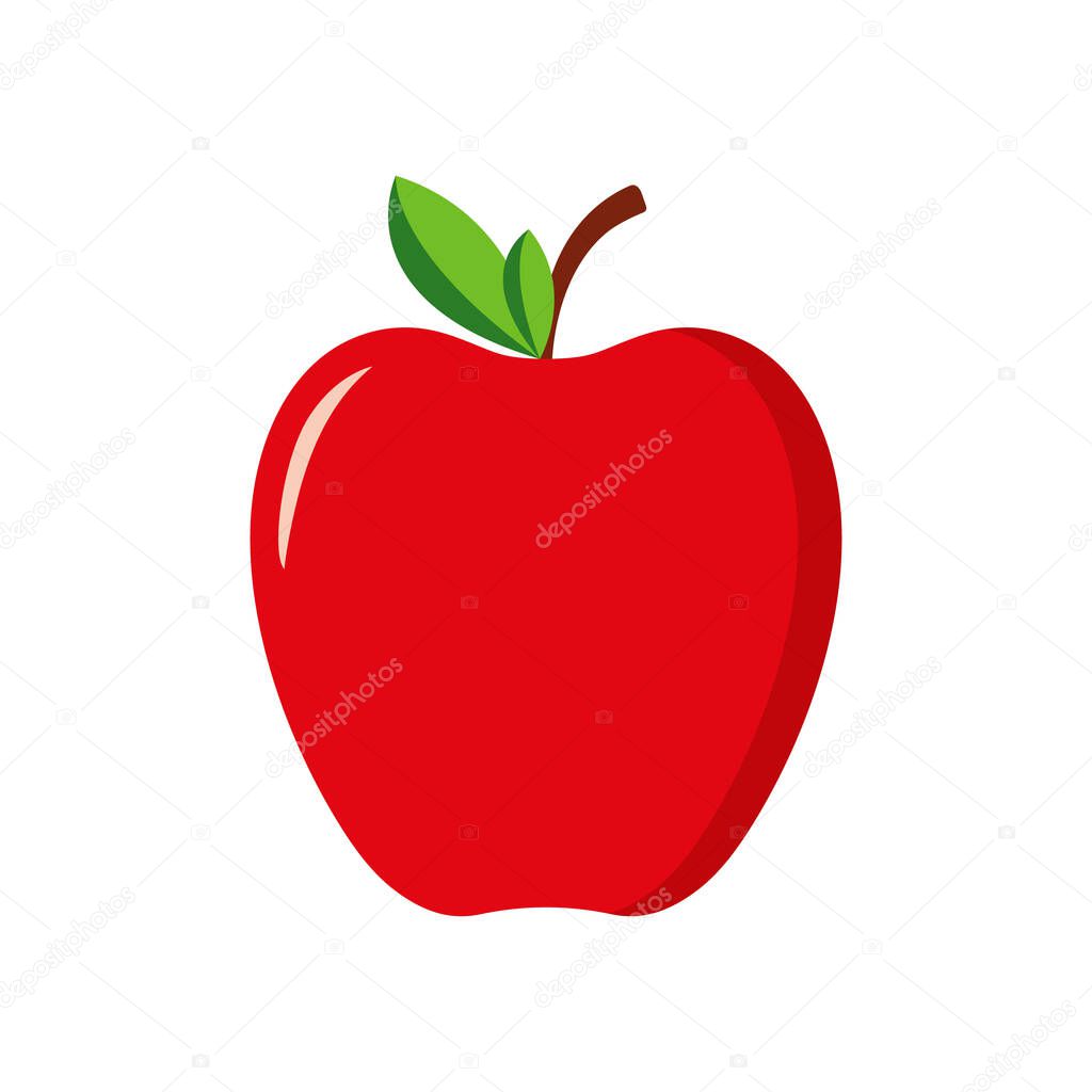 Red apple with green leaf. Icon of fruit apple. Cartoon logo isolated on white background. Symbol of healthy nutrition. Icon for teacher, school, education. Stylized silhouette for food, juice. Vector