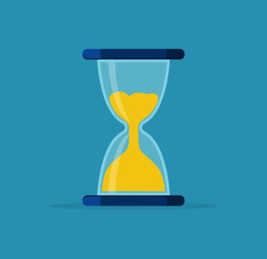 Kum saati. Camdaki kum saati. Zamanlayıcı ve saat için kum saati. Saatin simgesi. Geri sayım için kum saati. Koşmak için kronometre. Altın kumlu mavi kum saati. Teslim tarihi kavramı. Vektör