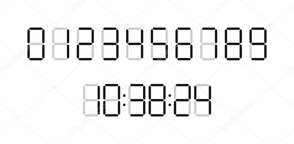 Digital time clock. Numbers for timer, calculator and watch display. Font of digit for counter. Black numbers isolated on white board. Type of digits for countdown. Web graphic for clock. Vector.