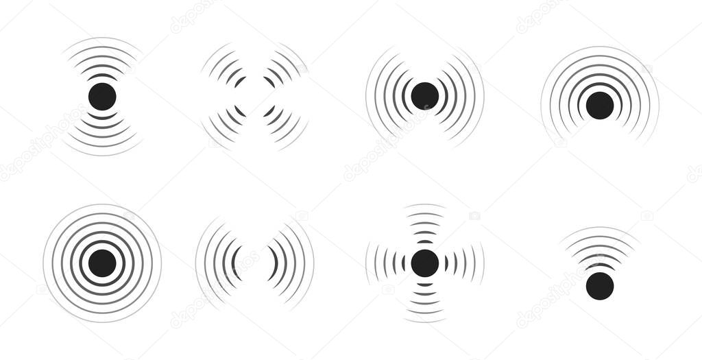 Wave sonar. Radar with signal. Icon of pulse. Concentric sound circle. High sonic frequency with vibration in air. Noise and energy from speaker. Symbol of radio, military protection and scan. Vector.