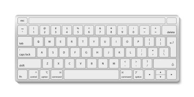 Bilgisayar klavyesi. Düğmeli beyaz alüminyum klavye. Laptop için siyah alfabesi olan klavye ve beyaz arka planda izole edilmiş bilgisayar. Masaüstü için modern gerçekçi kablosuz aygıt. Vektör.