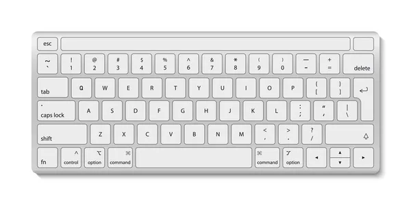 コンピュータのキーボード ボタン付きホワイトアルミキーボード ノートパソコン用の黒いアルファベットと白の背景に隔離されたPcとキーボード デスクトップ用の現代的な現実的なワイヤレスデバイス ベクトル — ストックベクタ