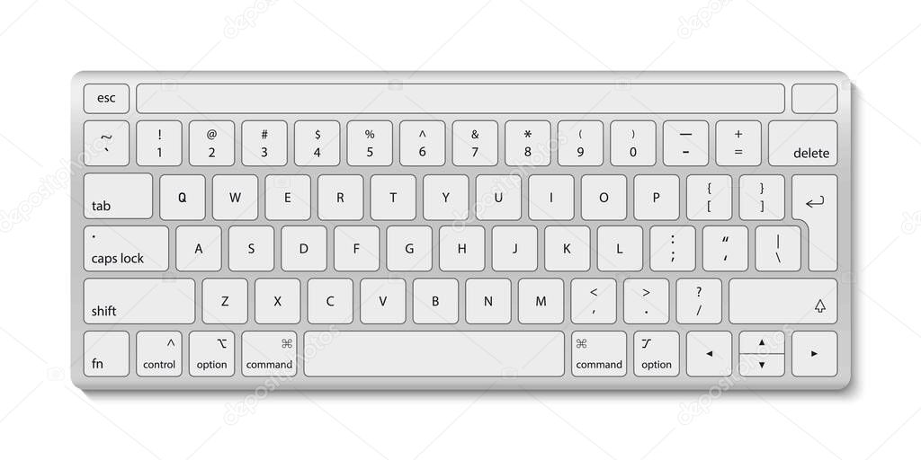 Keyboard of computer. White aluminum key board with button. Keyboard with black alphabet for laptop and pc isolated on white background. Modern realistic wireless device for desktop. Vector.