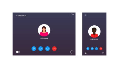 Video konferans için ui 'yi arıyor. Sohbetin ekran arayüzü, webinar, toplantı. Avatar ile çevrimiçi video görüşmesi şablonu, cep telefonu, bilgisayar, dizüstü bilgisayar için düğme. Ders, ders ve öğrenme için bir model. Vektör.