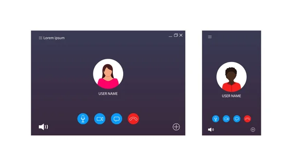 Video konferans için ui 'yi arıyor. Sohbetin ekran arayüzü, webinar, toplantı. Avatar ile çevrimiçi video görüşmesi şablonu, cep telefonu, bilgisayar, dizüstü bilgisayar için düğme. Ders, ders ve öğrenme için bir model. Vektör.