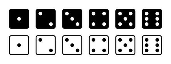 戴斯游戏骰子 立方体侧面的图标从一个数字到六个数字 死在废铁或扑克里 一组黑色图标支持赌博 在白色背景上隔离的模板 在赌场的立方体上点缀 — 图库矢量图片