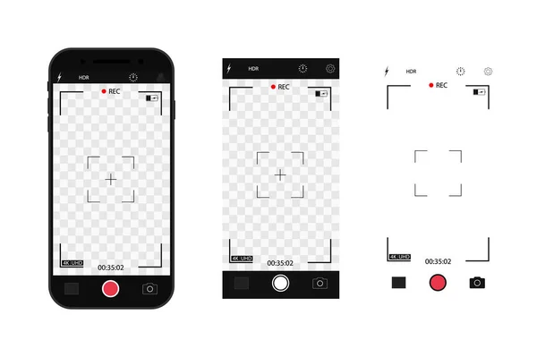 電話画面のカメラインターフェース 携帯電話でビデオUi モバイルカメラからの記録のためのアプリ ファインダー グリッド フォーカス ボタンとRec 自撮りやビデオのためのスマートフォンのモックアップ ベクトル — ストックベクタ