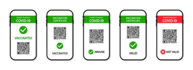 Aşı pasaportu akıllı telefon ekranında. Aşı sertifikası ve telefon uygulamalarında çovid 'e karşı bağışıklık. Sağlık pasaportu dijital ekranda QR kodu ile kontrol ve Covid-19 'dan güvenlik kontrolü. Vektör.
