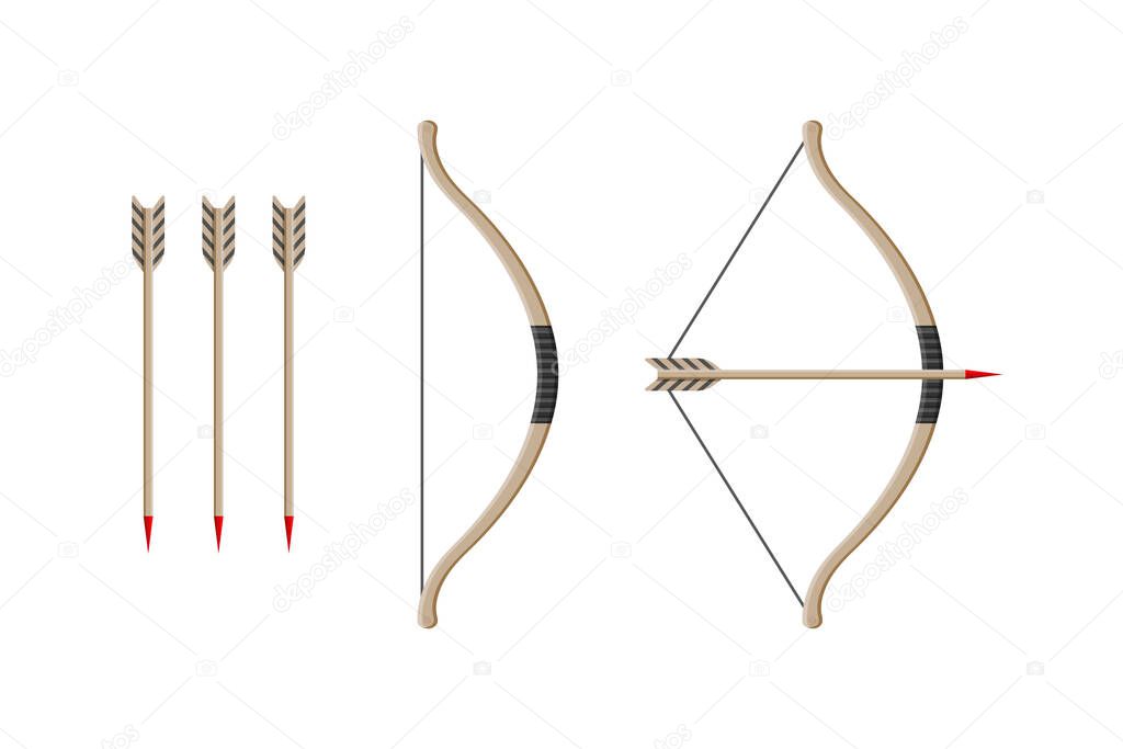 Bow with arrow. Weapon of archery. Wooden longbow with arrows for indian archer. Cartoon bow for medieval hunter. Icon or logo for ancient hunt isolated on white background. Shoot in bullseye. Vector.