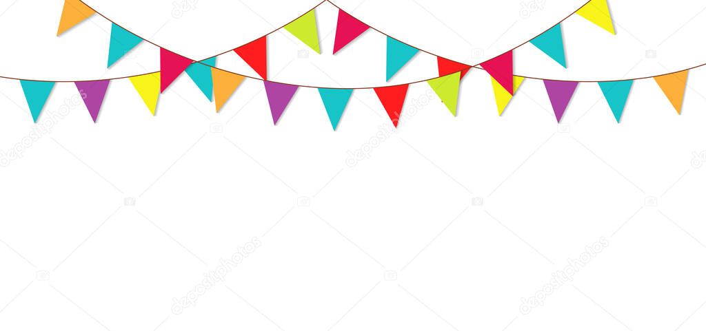 Party flag garland. Bunting for birthday and fair. Colorful triangle flag for carnival isolated on white background. Bright bunting hanging on string for festive. Illustration for celebration. Vector.