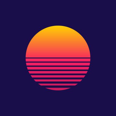 Gün batımı. 80 'lerin ya da 90' ların geçmişe dönük güneşi. Siber punk için arka plan, 80 'lerin diskosu ve Miami' de gündoğumu. Yaz logosu için neon grafiği. Broşür, tasarım, müzik ve tişört için gelecek simgesi. Vektör.