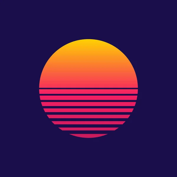 Gün batımı. 80 'lerin ya da 90' ların geçmişe dönük güneşi. Siber punk için arka plan, 80 'lerin diskosu ve Miami' de gündoğumu. Yaz logosu için neon grafiği. Broşür, tasarım, müzik ve tişört için gelecek simgesi. Vektör.