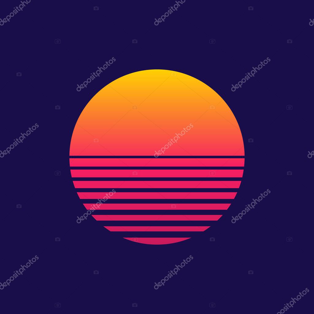 Sunset. Retro sun of 80s or 90s. Background for cyberpunk, disco of 80 s and sunrise in miami. Neon gradient graphic for summer logo. Futuristic icon for flyer, design, music and shirt. Vector.