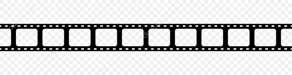 Film strip. Reel of tape for movie, photo and camera. Filmstrip with frame for cinema and video. Old negative 35mm strip of photography. Icon of retro celluloid. Logo of media, tv, studio. Vector.