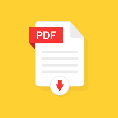 Pdf indirme simgesi. İndirme düğmesi olan pdf dosyası. Belgeyi yüklemek için tıklayın. Dosya tipi için logo. Düzenleyici, katalog ve mobil uygulamalar için doktorun grafik simgesi. Vektör.