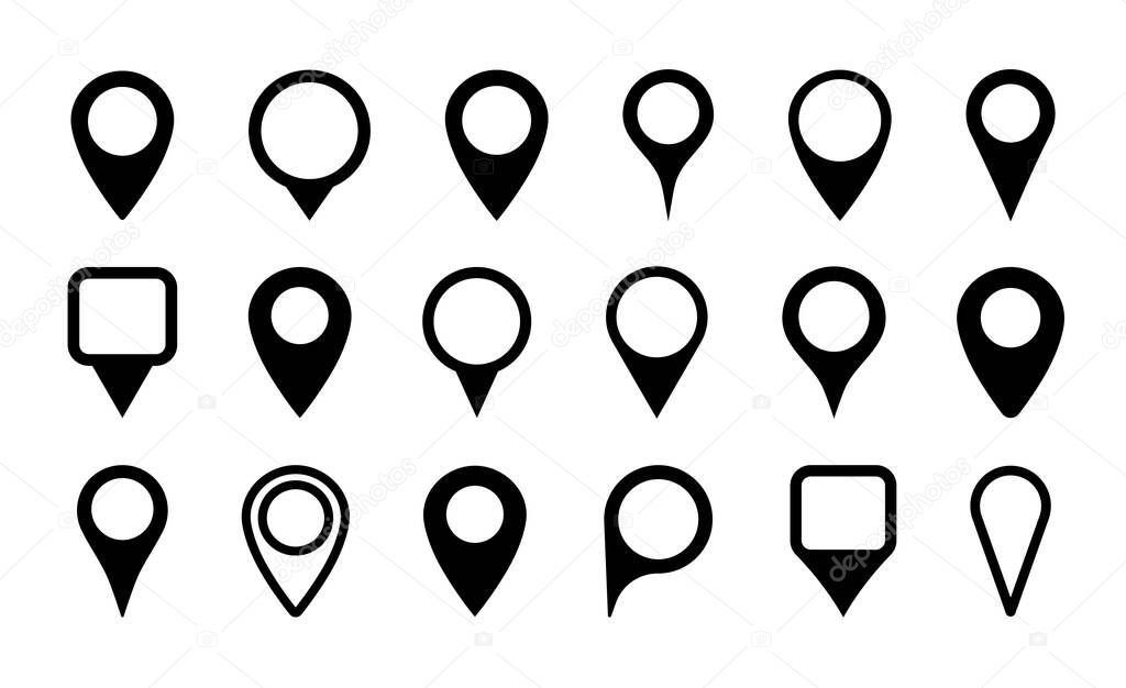 Pin icon for map location. Point marker for gps, geo position and place. Tag or symbol of destination in travel and road. Set of black map pointer on white background. Sign of navigation. Vector.