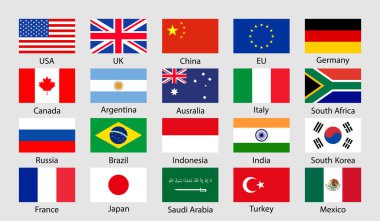 G20 bayrak simgesi. Çin, Kore, Brezilya, Meksika, ABD, Japonya, Endonezya, Kanada, Fransa, Arjantin, Suudi Arabistan, Hindistan, Almanya, Güney Afrika, İtalya, Avustralya, hindi, Rusya, İngiltere 20 pound. Vektör.
