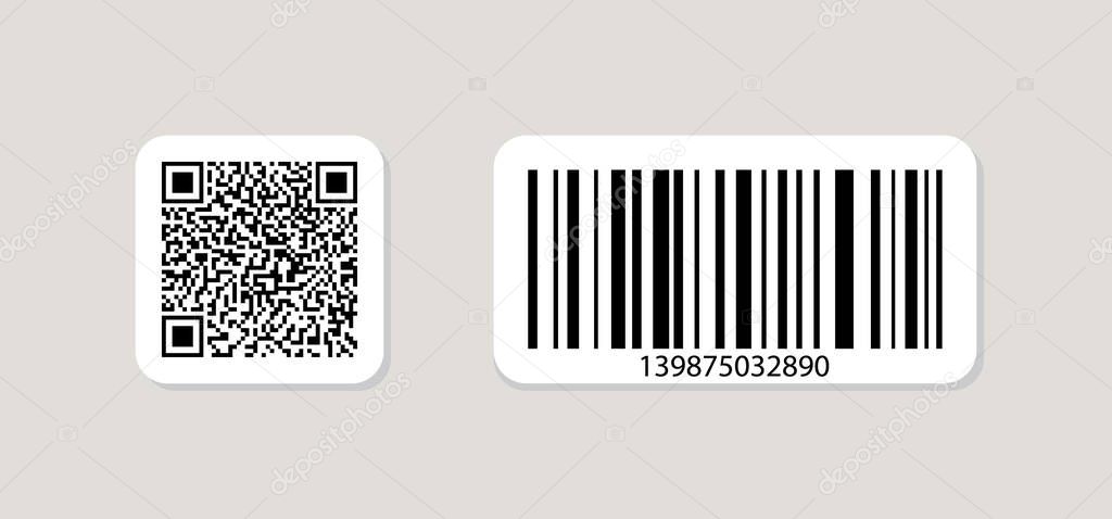 Qr code and barcode icon. Qrcode for scan. Tag for price, sku and data on product. Different logo for scanner. Square pictogram symbol for scanning application. Black binary code. Vector.