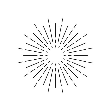 Güneş patlaması ikonu. Patlayan güneş çizgileriyle daire çiz. Yıldızların kıvılcımları. Güneş ışığının geçmişe dönük elementi. Gün batımı ya da gündoğumu ikonu. Yaratıcı çerçeve ve soyut rozet için radial vintage çelenk. Vektör.