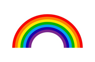 Çizgi film gökkuşağı. Mor, kırmızı, sarı, mavi, yeşil renkli gökkuşağı. Çocuklar için kemer simgesi. Beyaz arka planda izole edilmiş renkli yay. Bahar ve yağmur için yay tasarla. Plastiğin görüntüsü. Vektör.