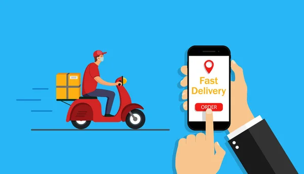 Telefon Uygulamasında Çevrimiçi Dağıtım Hizmeti Motosikletle Eve Yemek Siparişi Hızlı — Stok Vektör