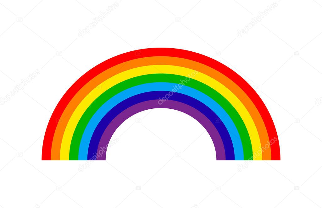 Cartoon rainbow. Rainbow with purple, red, yellow, blue, green color. Icon of arch for kids. Color bow isolated on white background. Design arc for spring and rain. Image for plasticine. Vector.