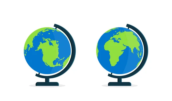 有立场的环球报 全球大巴上的教室和学校 桌子上的地图图标 有轴线的地球模型 扁平的地球被白色的背景隔开了 旅行和地理方面的理想 — 图库矢量图片