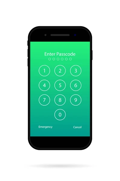 電話画面でロックを解除するためのパスワード スマートフォンの番号付きパスコード セキュリティのためのピンコードの数 携帯電話のUi ロック画面のテンプレート インターフェイスのモックアップ デジタルディスプレイ上のアプリ ベクトル — ストックベクタ