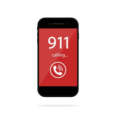 Telefonla 911 'i ara. Akıllı telefon ekranında acil numara. Polis simgesi ve yardım. Yangın, kaza ve tehlike uyarısı. Cep telefonunda 911 kavramı. Sos belirtileri. Kurtarma ekibi. Vektör.