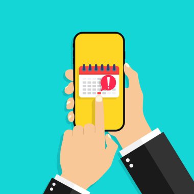 Akıllı telefondan takvim. Cep telefonuyla randevusu olan çevrimiçi bir program. Uygulamada hatırlatma simgesi. Ajanda, olay ve iş için cep telefonu ekranında tarih. Telefonun el ele tutuşması. Vektör.