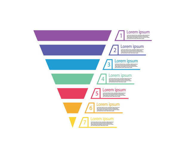 Funnel sale. Chart of marketing. Pyramid for infographic of process. Diagram with cone and step. Graphic template for funnel sales. Graph with level, option and target. Business hierarchy. Vector.