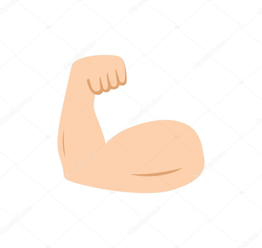 Arm muscle. Emoji of strong bicep. Emoticon of strength in hand. Icon of power of protein for man. Flex muscle of arm. Exercise in gym for health. Logo of fitness, workout, bodybuilder, sport. Vector.