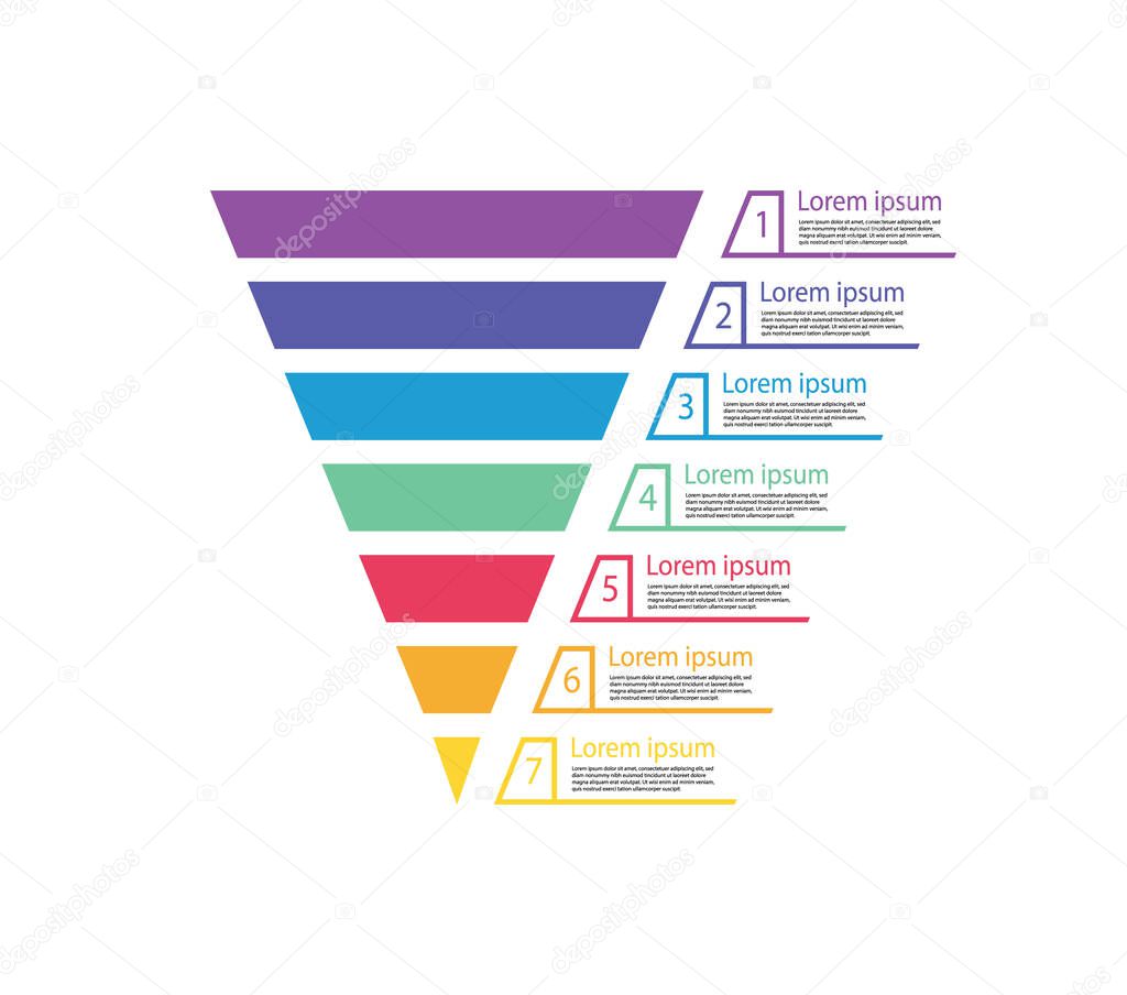 Funnel sale. Chart of marketing. Pyramid for infographic of process. Diagram with cone and step. Graphic template for funnel sales. Graph with level, option and target. Business hierarchy. Vector.